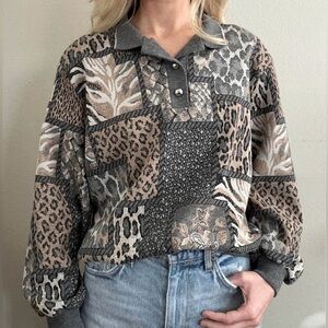 VTG Cricket Lane collared gray beige patchwork animal floral sweater buttons